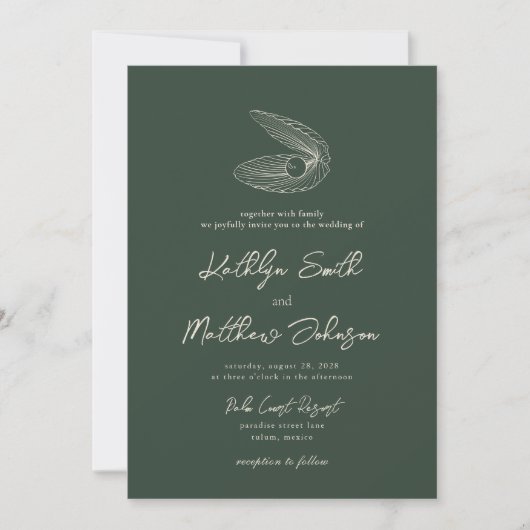 Invitation Moss Green Modern Shell Beach Destination Mariage (Devant)
