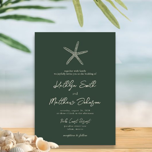 Invitation Moss Green Modern Shell Beach Destination Mariage