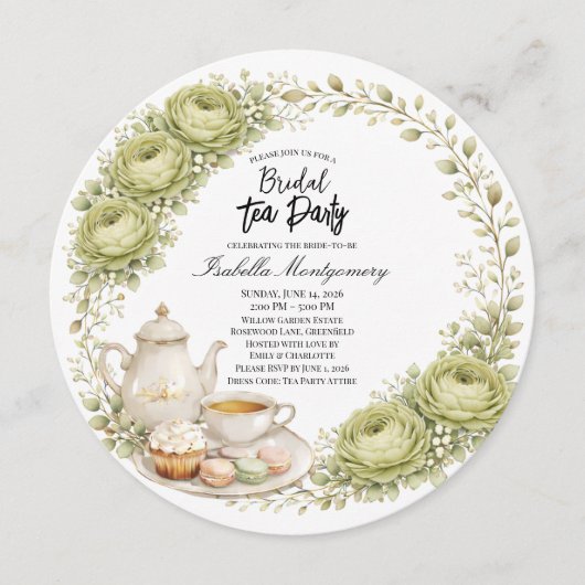 Invitation Moss Green Palette Tea Party Bridal Shower (Devant)