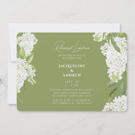 Invitation Moss Green White Hydrangeas Rehearsal Luncheon II (Devant)