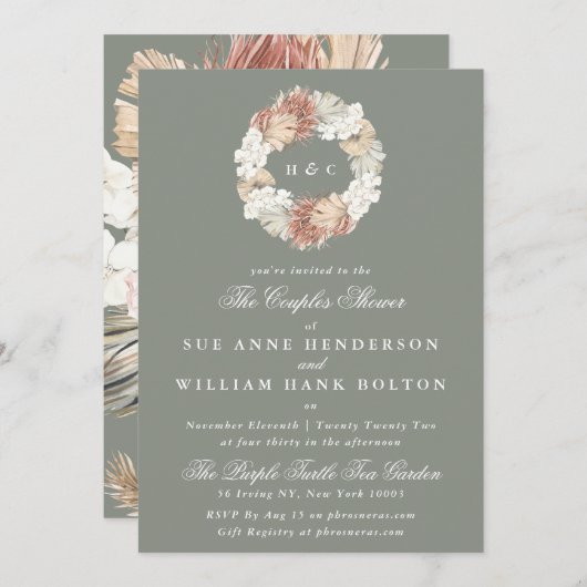 Invitation Moss Pampas Sage Monogramme Wreath Couples Douche (Devant / Derrière)