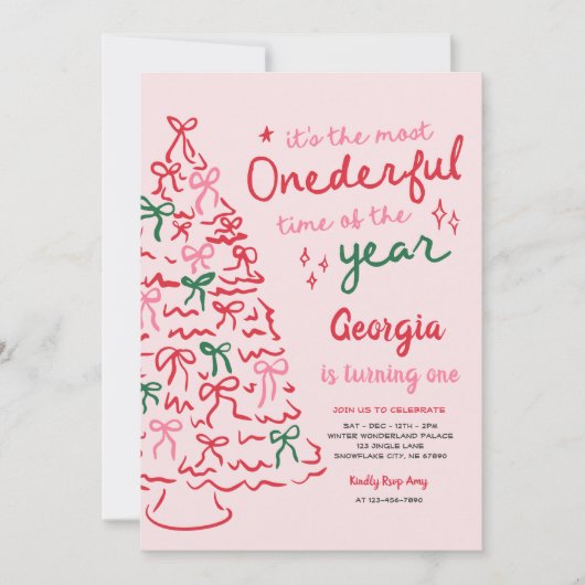 Invitation Most Onederful Coquette Bow Christmas 1st Birthday (Devant)