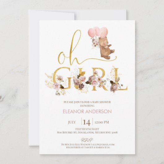 Invitation Mot Or Blush Floral Teddy Bear Baby shower (Devant)