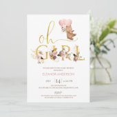 Invitation Mot Or Blush Floral Teddy Bear Baby shower (Debout devant)
