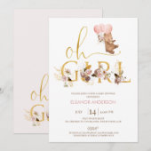Invitation Mot Or Blush Floral Teddy Bear Baby shower (Devant / Derrière)