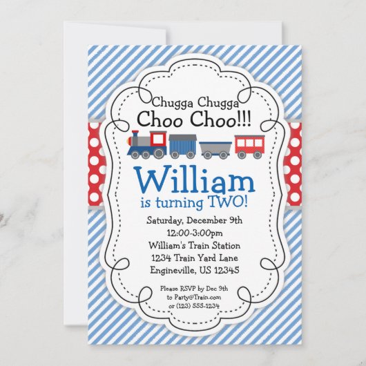 Invitation Moteur de train, Bébé Bleu Brise Pois rouges (Devant)