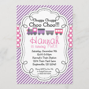 Invitation Moteur de train Purple Stripe rose Poka point Anni