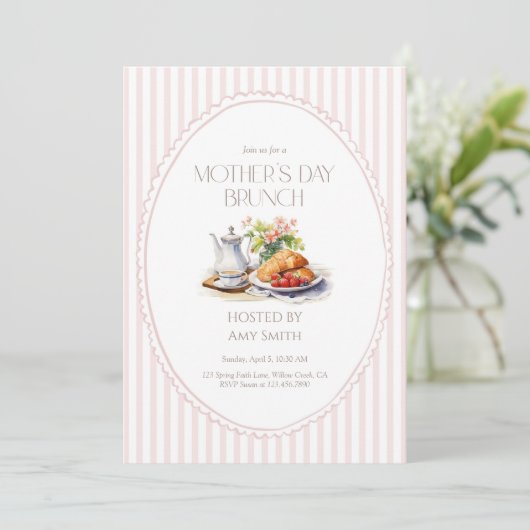 Invitation Mother’s Day Brunch Pink Stripes Breakfast (Debout devant)
