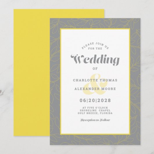 Invitation Motif Abstrait Moderne de Feuilles Gris et Jaune (Devant / Derrière)