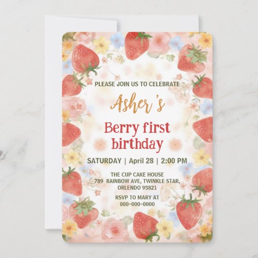 Invitation Motif arc-en-ciel de fraises mignonnes 1er anniver (Devant)