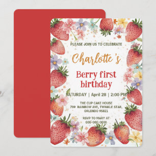 Invitation Motif arc-en-ciel de fraises mignonnes 1er anniver