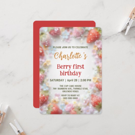 Invitation Motif arc-en-ciel de fraises mignonnes 1er anniver (Devant/Arrière en situation)