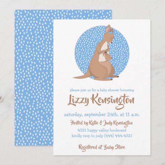 Invitation Motif bleu Baby shower Kangaroo (Devant / Derrière)