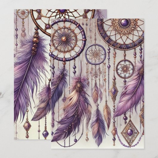 Invitation Motif Boho Dreamcatcher en violet et or (Devant / Derrière)