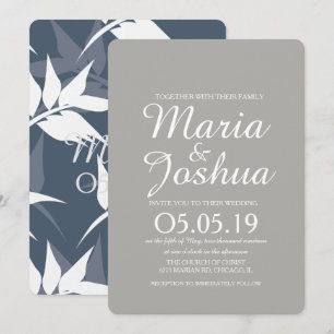 Invitation Motif Botanique de Feuille Bleu Marine Mariage