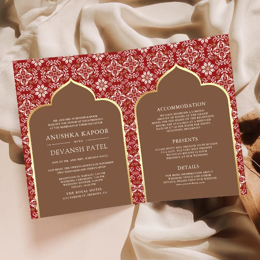 Invitation Motif Brown rouge tout en un Mariage indien