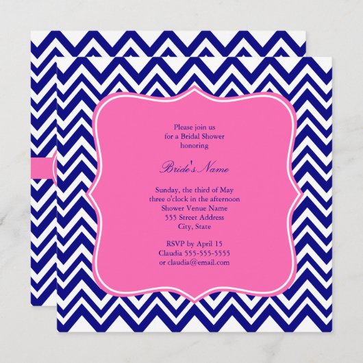 Invitation Motif Chevron bleu Monogram Navy avec rose chaud (Devant / Derrière)