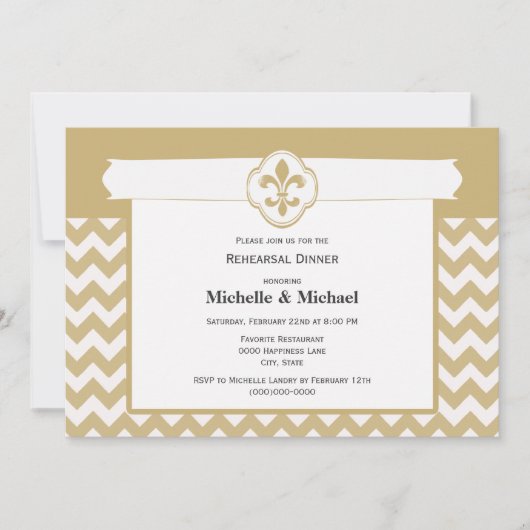 Invitation Motif Chevron Fleur de Lis Événement Or Blanc (Devant)