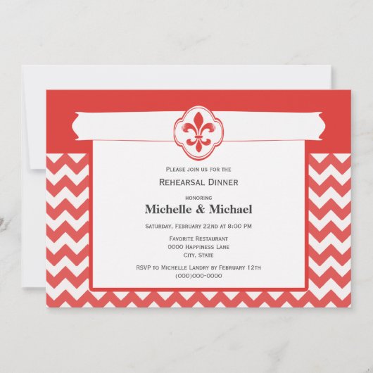 Invitation Motif Chevron Fleur de Lis Evénement Rouge et Blan (Devant)