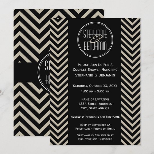 Invitation Motif Chevron noir et beige Art déco (Devant / Derrière)