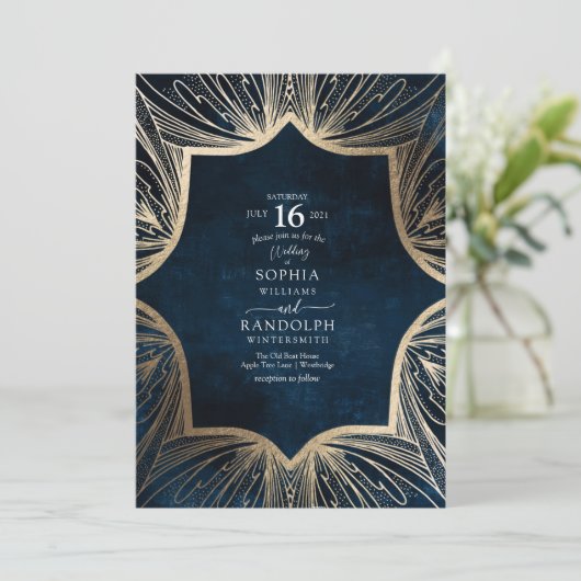 Invitation Motif complexe bleu et or (Debout devant)