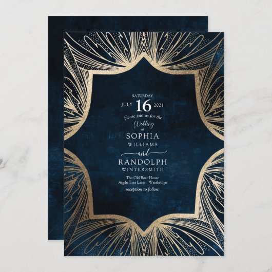 Invitation Motif complexe bleu et or (Devant / Derrière)