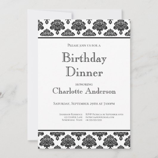 Invitation Motif Damas noir & blanc Anniversaire Dîner (Devant)