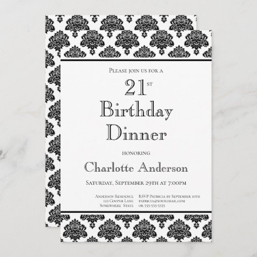 Invitation Motif Damas noir et blanc 21e dîner d'anniversaire (Devant / Derrière)