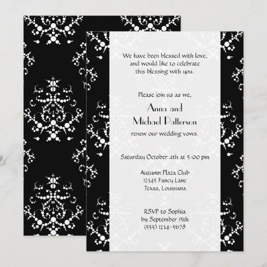 Invitation Motif damassé, noir et blanc, Renouvellement de vœ (Devant / Derrière)