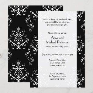 Invitation Motif damassé, noir et blanc, Renouvellement de vœ
