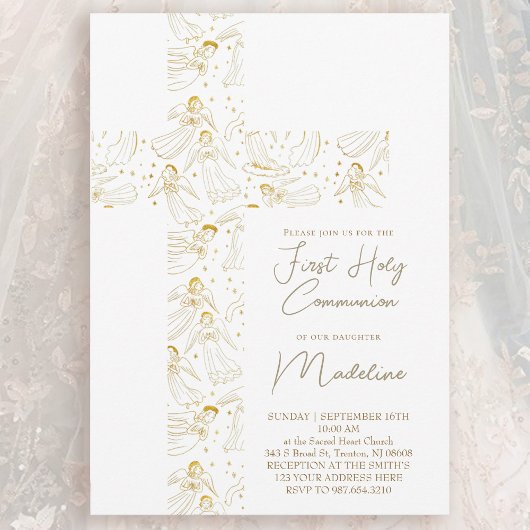Invitation motif d'anges croix Première Sainte Communion