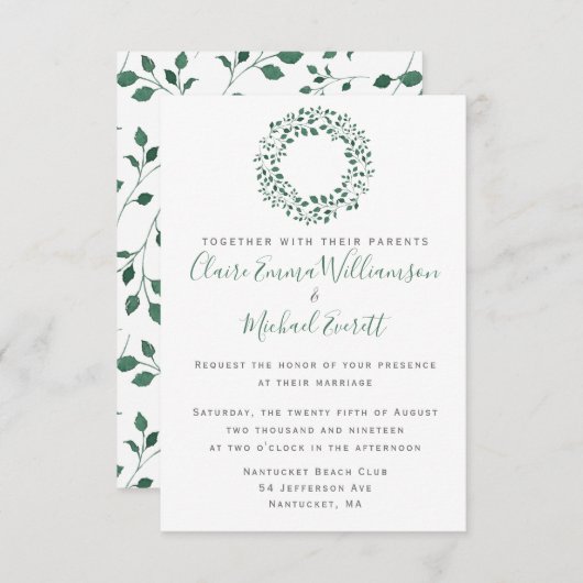 Invitation Motif d'aquarelle vert rustique | MARIAGE (Devant / Derrière)