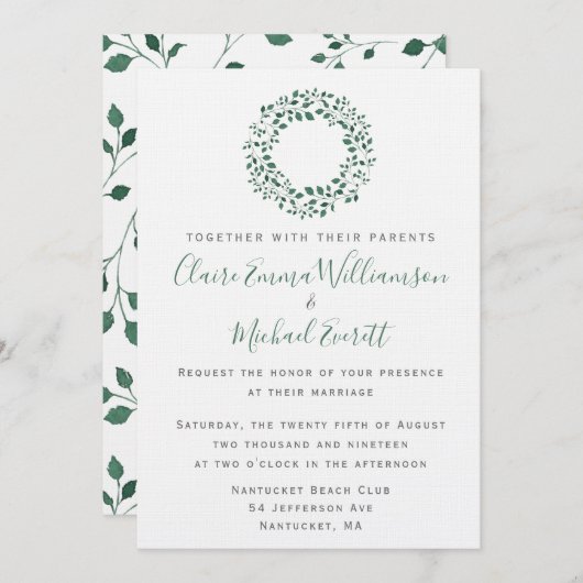 Invitation Motif d'aquarelle vert rustique | MARIAGE (Devant / Derrière)
