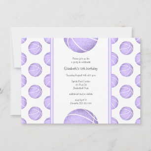 Invitation motif de ballons de basket-ball violets pastel pou