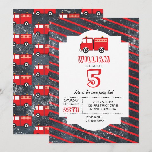 Invitation Motif de camion feu rouge Anniversaire (Devant / Derrière)