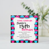 Invitation Motif de Cupcake bleu clair et rose chaud (Debout devant)