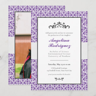 Invitation Motif de Damas pourpre Motif de la photo Graduatio