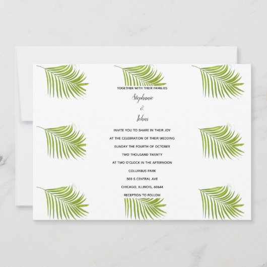 Invitation Motif de feuille de palme tropicale Mariage blanc  (Devant)