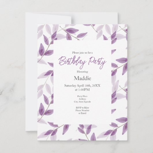Invitation Motif de feuilles aquarelles superposées de prune (Devant)