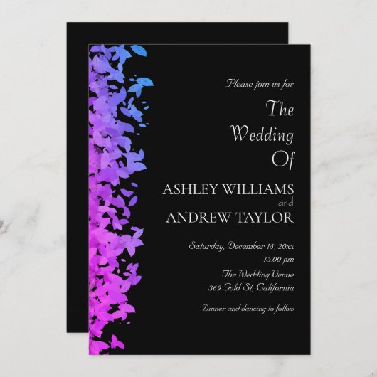 Invitation Motif de feuilles violettes Élégant Mariage noir (Devant / Derrière)
