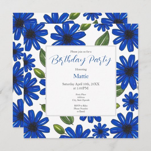 Invitation Motif de fleurs bleues dessinées à la main (Devant / Derrière)