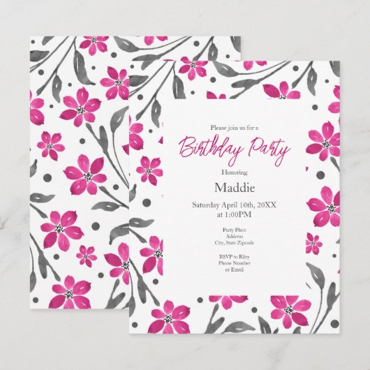 Invitation Motif de fleurs d'aquarelle gris rose (Devant / Derrière)
