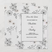 Invitation Motif de fleurs hippie gris noir rétro Y2K (Devant / Derrière)