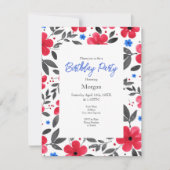 Invitation Motif de fleurs rouge, bleu, gris (Devant)