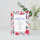 Invitation Motif de fleurs rouge, bleu, gris (Debout devant)