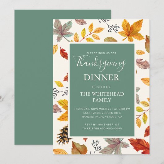 Invitation Motif de la feuille d'automne de Thanksgiving Gree (Devant / Derrière)