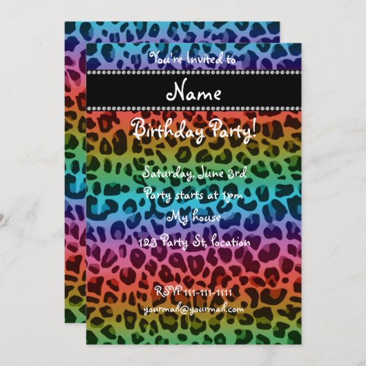 Invitation motif de léopard arc-en-ciel de nom personnalisé (Devant / Derrière)