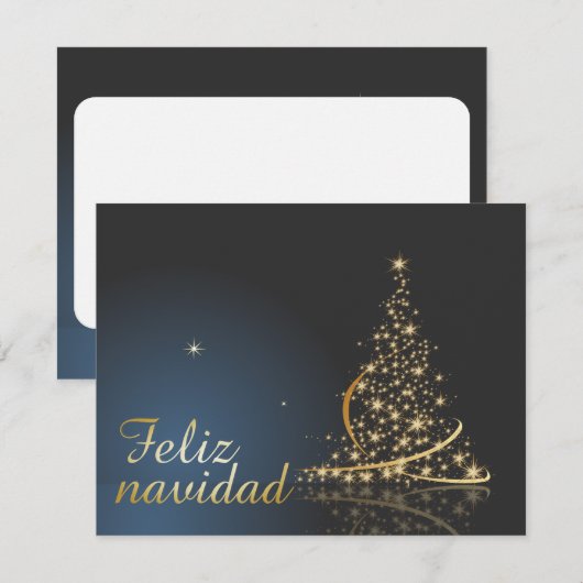 Invitation Motif de Noël bleu avec arbre de Noël doré. (Devant / Derrière)