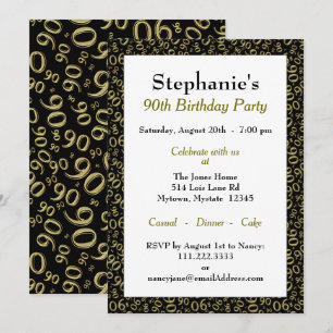 Invitation Motif de nombre aléatoire 90 Noir/Or 90ème