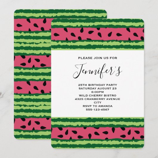 Invitation Motif de pastèque mignon rose et vert pour anniver (Devant / Derrière)